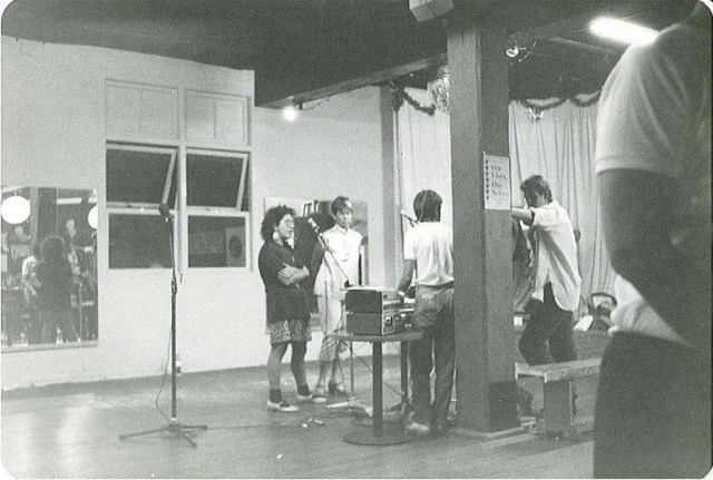 B&W image of tech run with few members of Freeda Stares in 1983