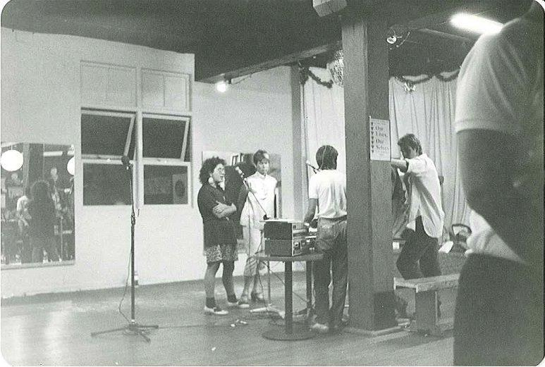 B&W image of tech run with few members of Freeda Stares in 1983