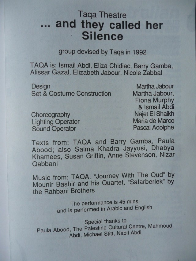 Programme for TAQA Theatre's '... and they called her Silence', at the 2nd Multicultural Theatre Festival in 1992 
